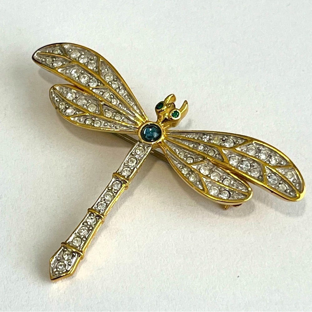 Golden Crystal Dragonfly Brooch Pin 1.25" - Picture 4 of 10